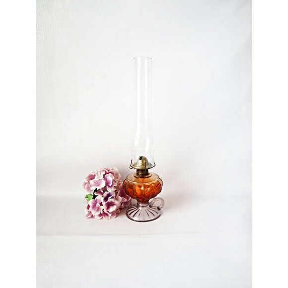 Antique Amber Glass Finger Oil Lamp Tall Chimney - Picture 1 of 8